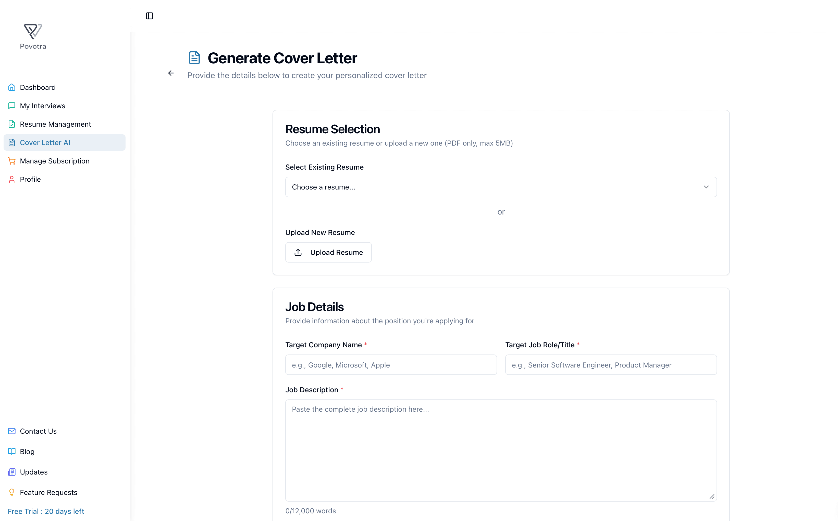 Povotra cover letter generation form with job details and resume upload