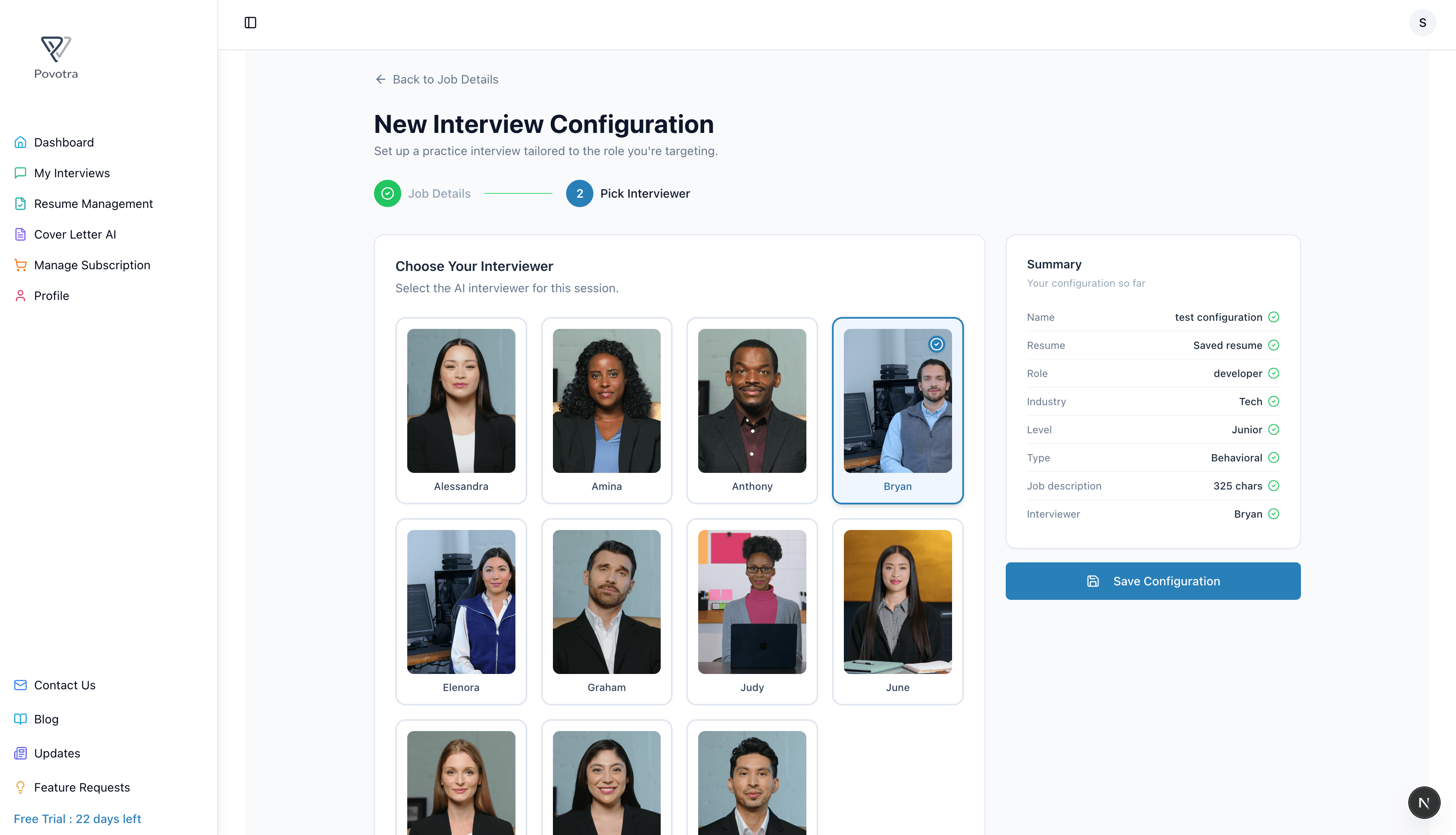 Povotra interviewer selection showing a range of AI avatars