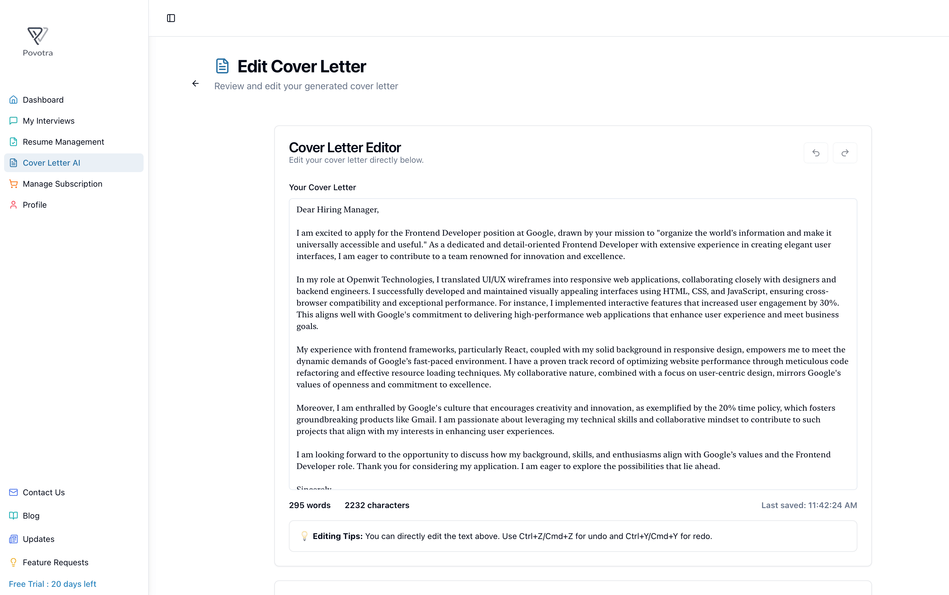 Povotra cover letter editor with AI modification tools