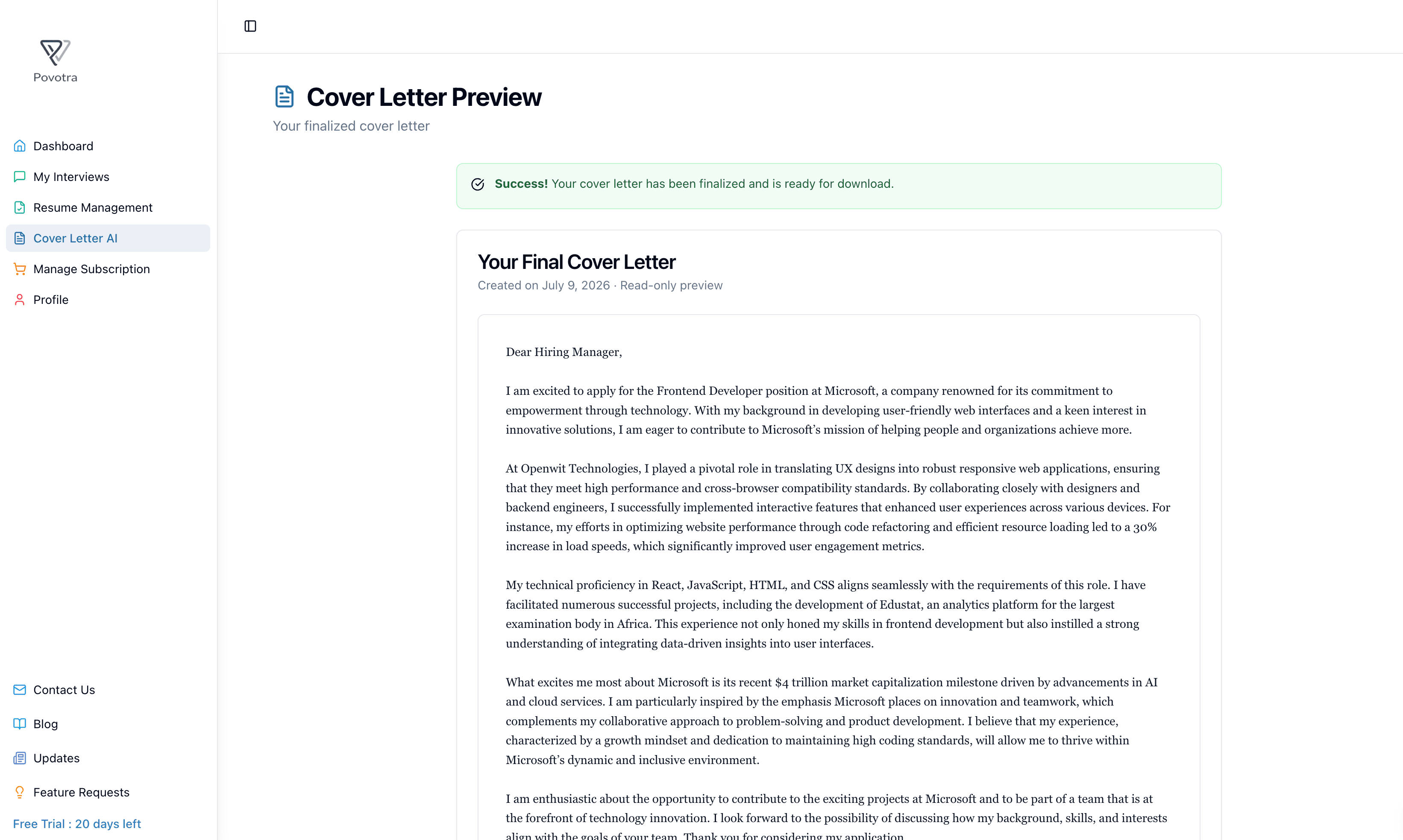 Povotra cover letter preview with PDF and Word download options