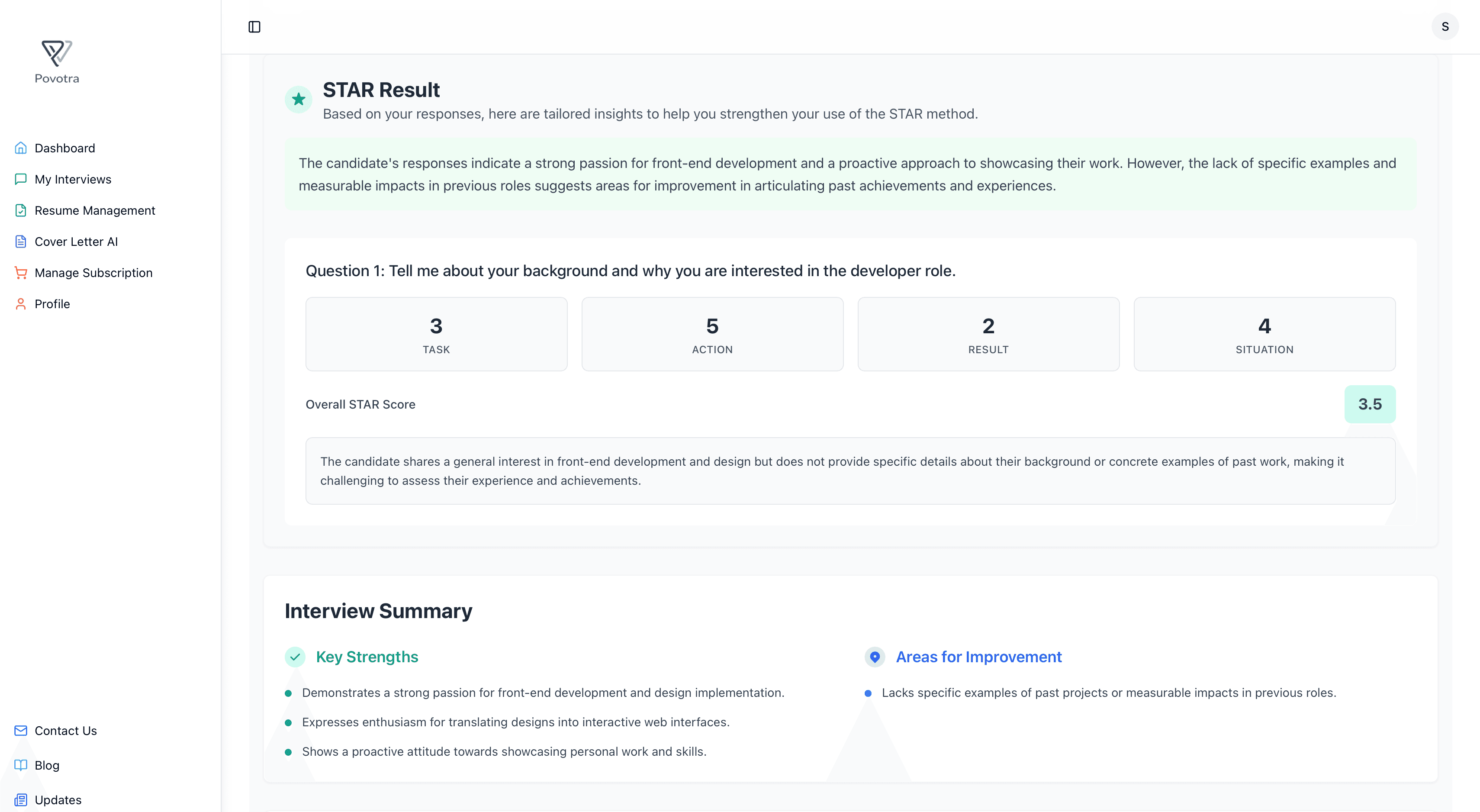 Povotra STAR result breakdown with per-answer scores and interview summary