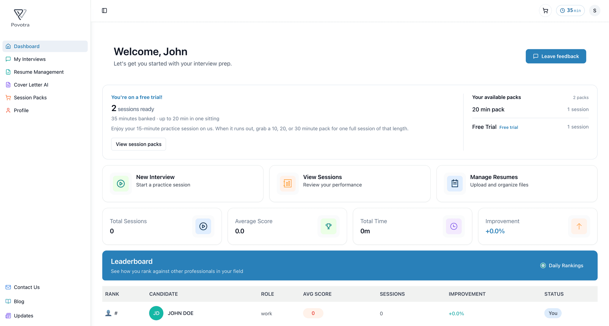 Povotra dashboard showing interview practice, scores, and progress at a glance