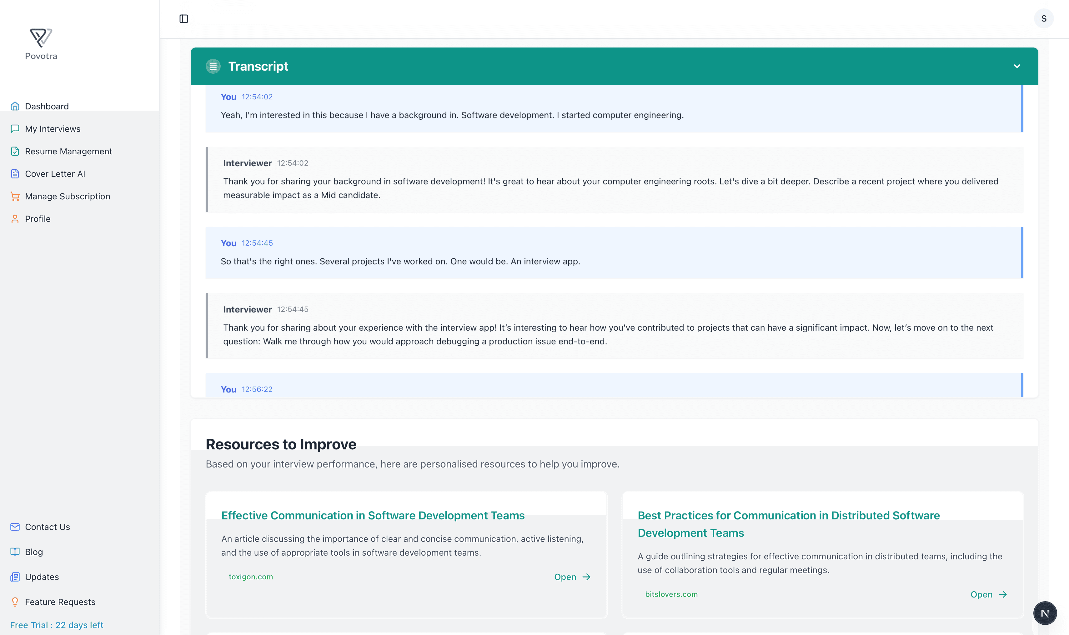 Povotra session report showing interview transcript and personalized resources to improve