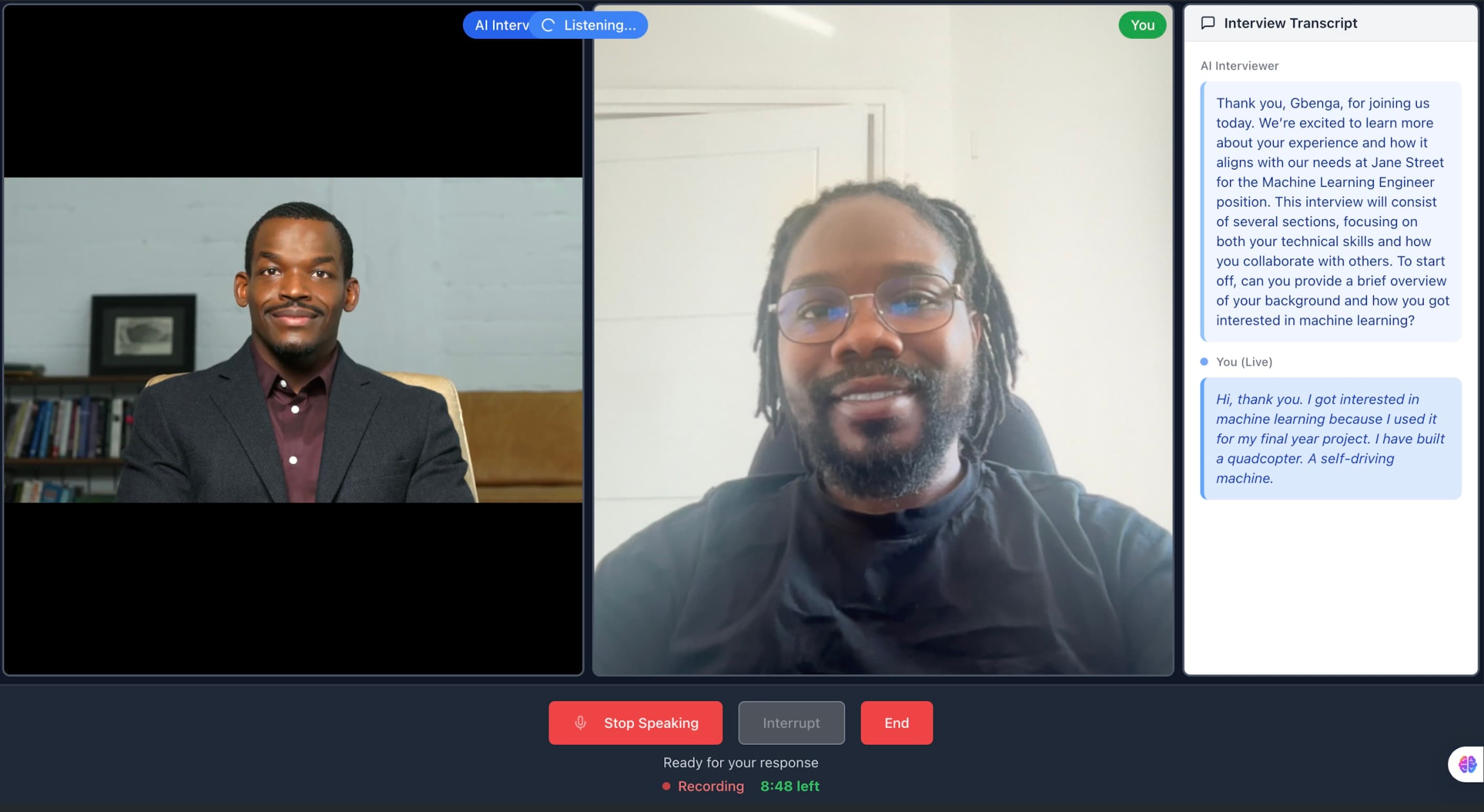 Povotra live interview session with AI avatar and candidate video